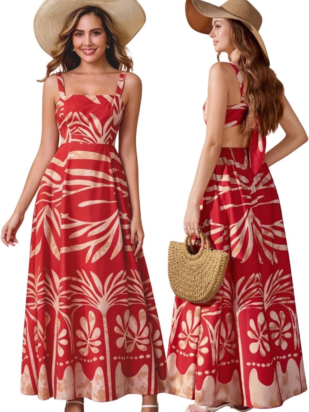 Red Tropical Print Open Back Tie Maxi Dress – Size S
